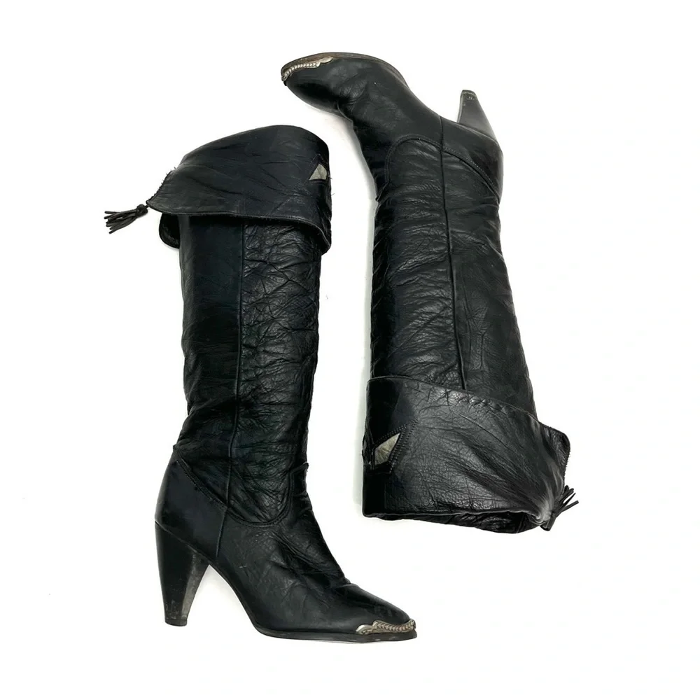 ZODIAC | Vintage 1980s black leather knee high fold over inlay heeled boots